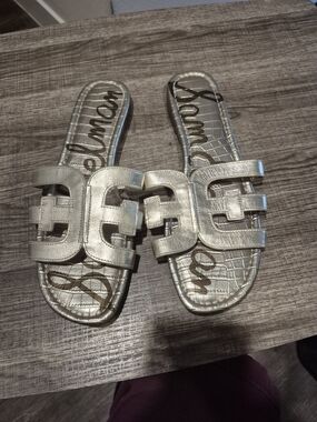 Sam Edelman Bay Slide Sandals Women's Sz 7 Silver Metallic Leather Slip On